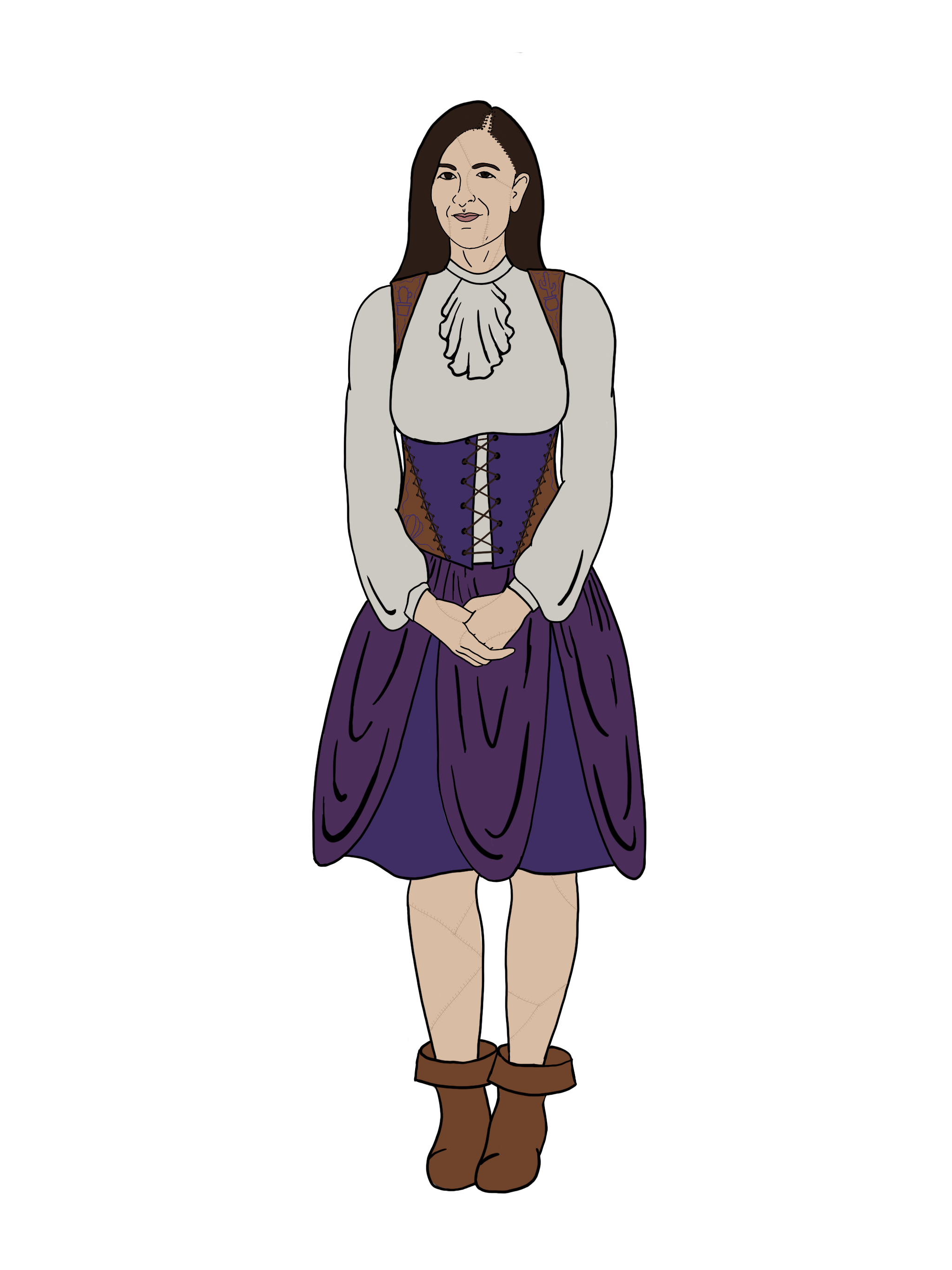 Drawing of a humanoid figure resembling D'Arcy Carden from The Good Place with a gray blouse, purple corset and dress, and brown boots. Their skin has seams indicating that it's artificial and stitched together from separate components.