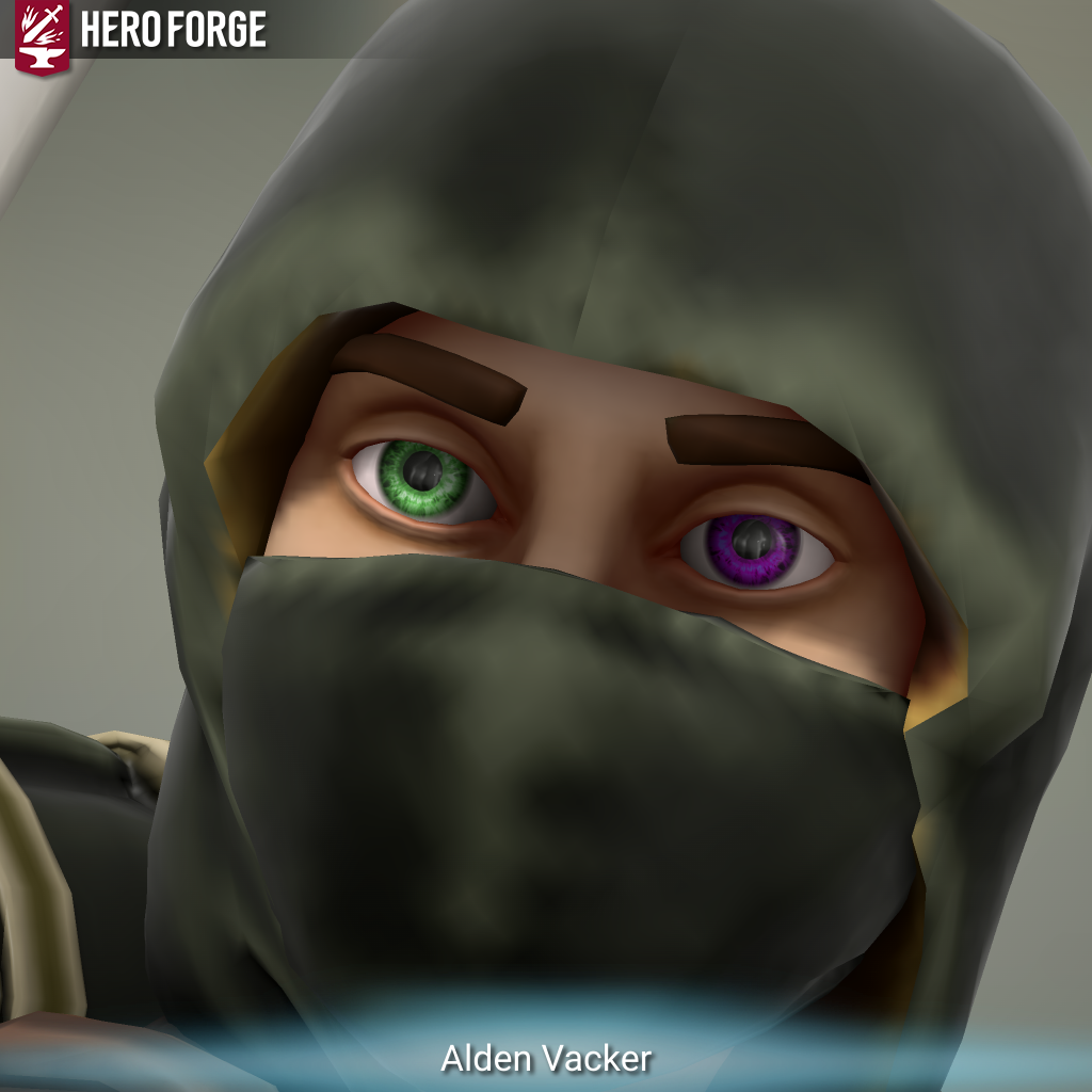 Hero Forge 3D model of a male-presenting halfling, a closeup on a face mostly concealed with a dark hood but revealing two eyes; his left eye is purple and his right eye is green. Artwork by Aeden Berman.