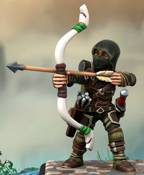 Hero Forge 3D model of a male-presenting halfling with tan skin and green eyes, his face otherwise concealed with a dark hood. He wears leather armor with straps and buckles across his chest, leather wraps around his forearms and palms, and leather boots. He is wielding a shortbow with an arrow nocked, and he wears a quiver on his right hip. Artwork by Aeden Berman.