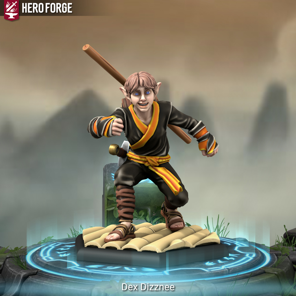 Hero Forge 3D model of a male-presenting elf with pale skin, short pale brown hair, and blue eyes. He has an open-mouthed smile and a friendly facial expression. He wears black monk robes with orange trim and an orange belt with matching hand wraps, brown-strapped lower leg wraps, and brown sandals with open toes and showing his bare feet through the gaps. He has a wooden staff strapped across his back and a sword on his right hip. Artwork by Dylan Berman.